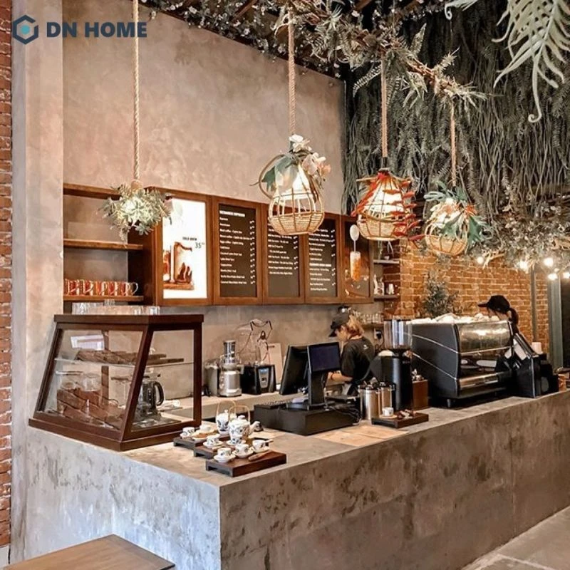 Chất liệu thô sơ tạo nên sự mộc mạc của quán cafe