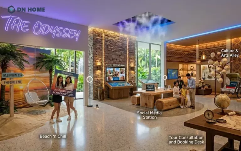 Mô hình "Studio Check-in": Thiết kế văn phòng có góc sống ảo cực chất, nơi khách hàng tự hào chụp ảnh khi đến đăng ký tour.