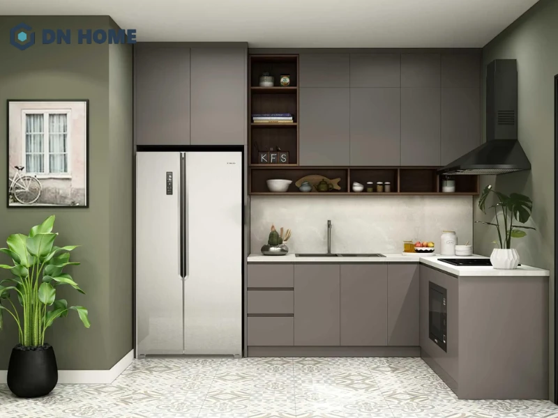 Tủ bếp chữ L có kích thước cân đối giúp tận dụng tối đa không gian góc