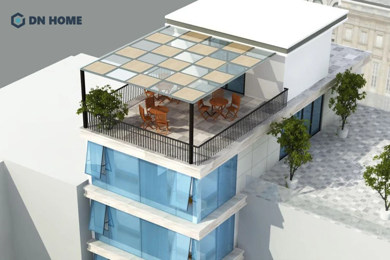 Mái che bằng kính cường lực có khả năng lấy sáng gần như 100% cho khu vực sân thượng