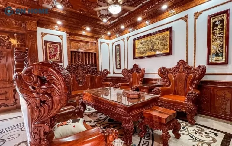 Nội thất trang trí phòng khách bằng gỗ gõ đỏ sang trọng