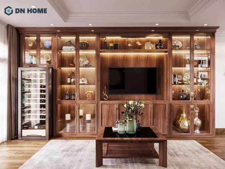 Kệ đựng đồ bằng gỗ trang trí tạo điểm nhấn cho phòng khách