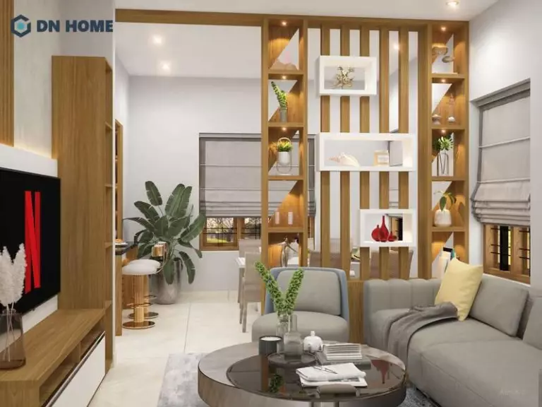 Vách ngăn phòng khách được làm từ chất liệu gỗ
