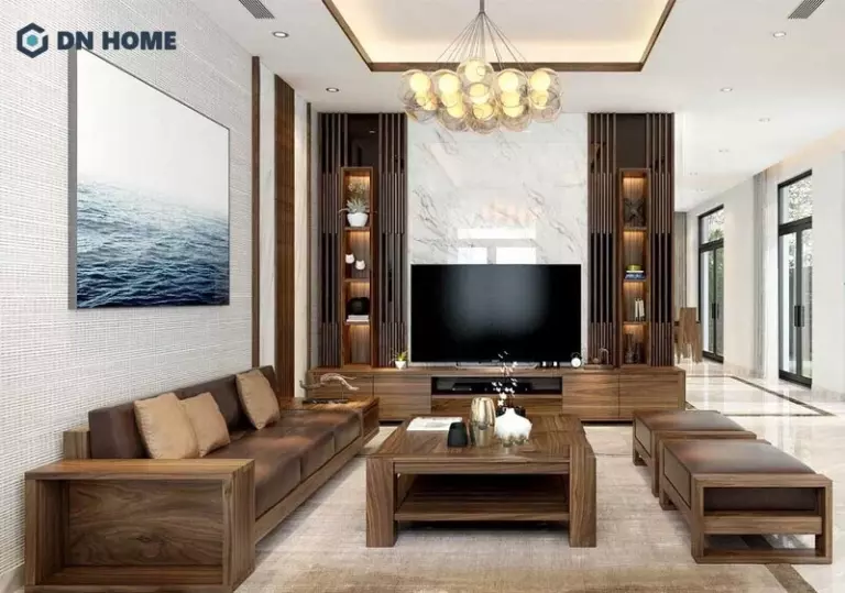 Nội thất phòng khách được làm từ gỗ óc chó sang trọng