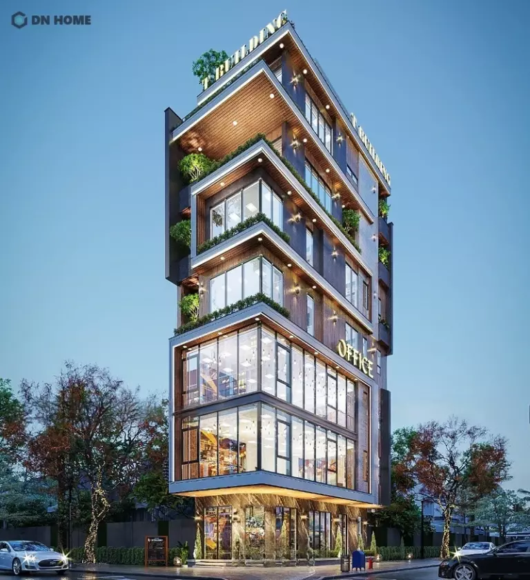 Nhà văn phòng 7 tầng sở hữu phần mặt tiền đẹp mắt được thiết kế theo phong cách hiện đại