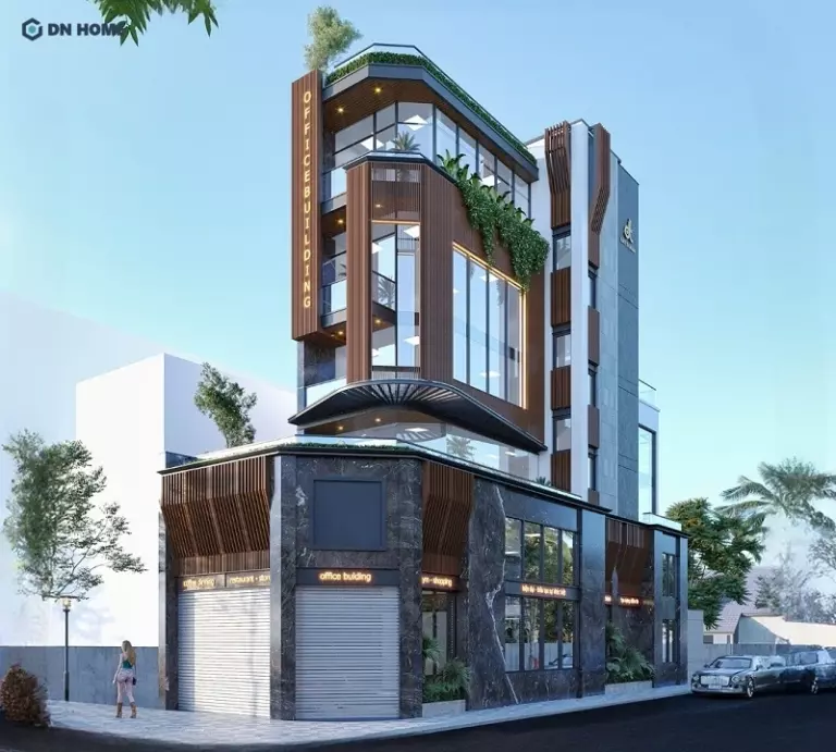 Toà văn phòng 7 tầng sử dụng xen kẽ lam gỗ để tạo sự độc đáo cho mặt tiền