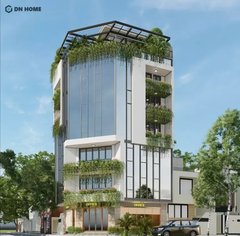 Không gian xanh đẹp mắt ở phía bên ngoài mặt tiền của toà nhà văn phòng 7 tầng