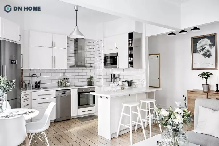 Mẫu phòng bếp liền bếp phòng khách tạo sự liền mạch trong không gian