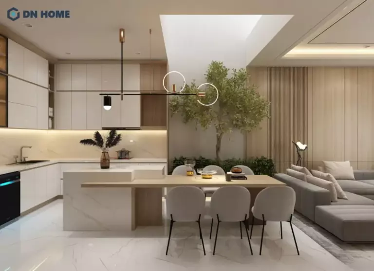 Kết hợp màu sắc hài hoà và ánh sáng tự nhiên giúp căn bếp luôn sạch sẽ