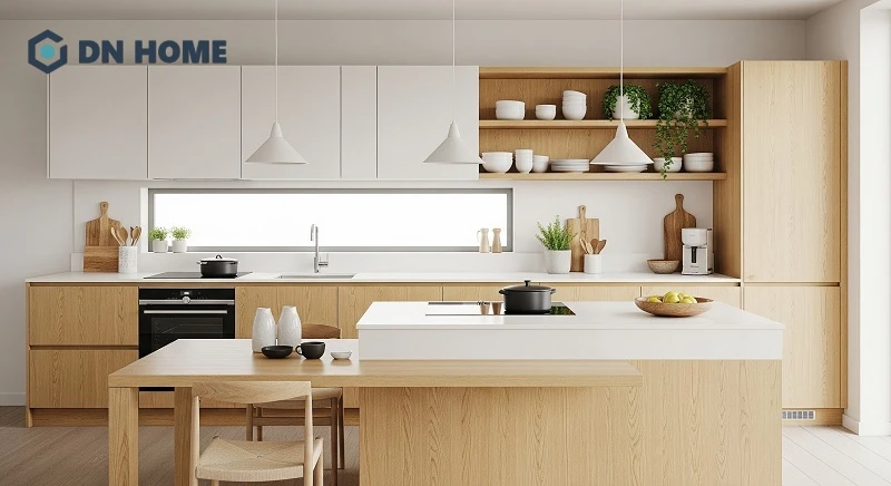 Sử dụng sắc trắng cùng gỗ sáng màu giúp không gian bếp Scandinavian thêm phần rộng rãi hơn