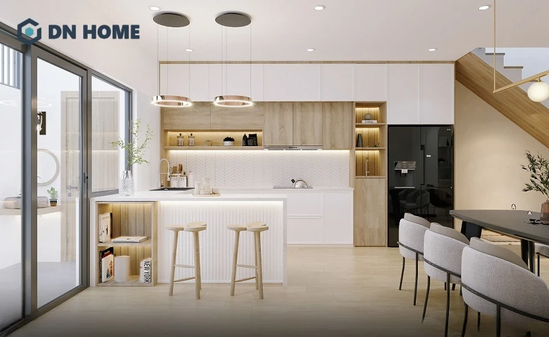Thiết kế không gian bếp Scandinavian thường ưu tiên chi tiết trang trí tối giản, sử dụng nội thất thông minh