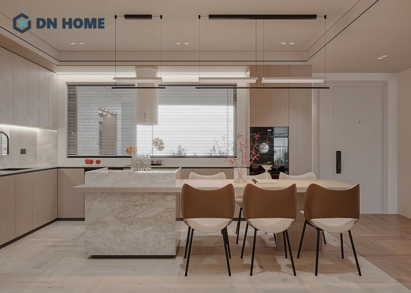 Không gian bếp Scandinavian thiết kế đẹp mắt, bố trí tích hợp đảo bếp và bàn ăn khoa học