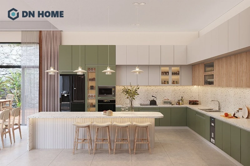 Căn bếp Scandinavian điểm xuyến màu xanh lục mát mắt