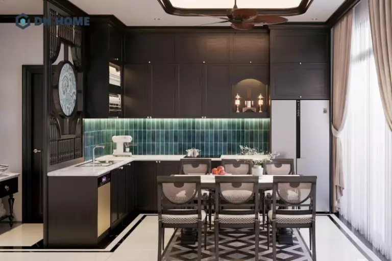 Chất liệu gỗ sẫm màu là điểm nhấn trong không gian nhà phố Indochine