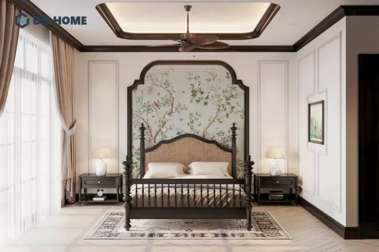 Phòng ngủ thiết kế nhẹ nhàng, dễ chịu trong nhà phố Indochine