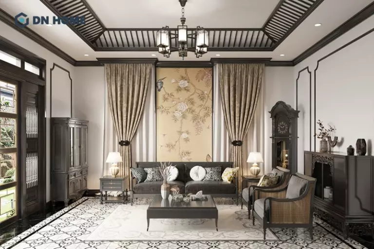 Phòng khách Indochine với tranh họa tiết hoa làm điểm nhấn
