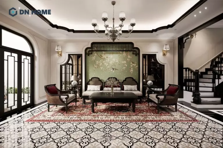 Gam màu gỗ đen làm điểm nhấn ấn tượng trong phong khách Indochine