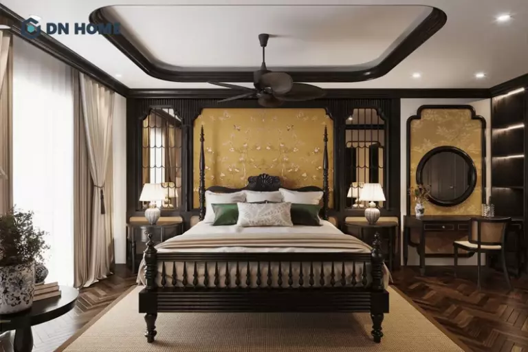 Phòng ngủ Indochine với gam màu trầm tạo cảm giác dễ chịu, thư thái