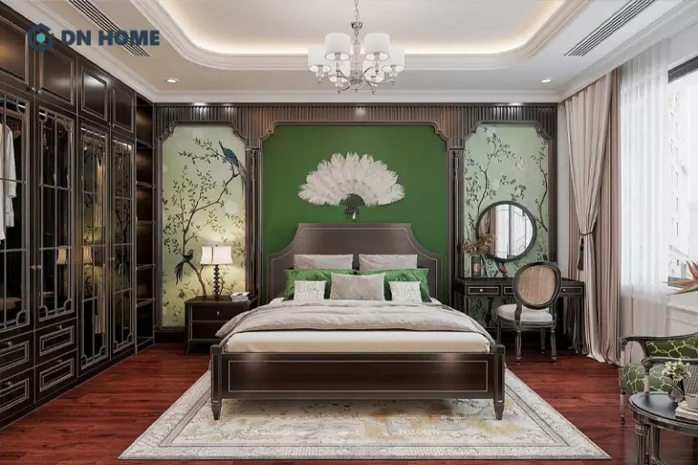 Các chi tiết đường nét tinh tế trong không gian phòng ngủ Indochine