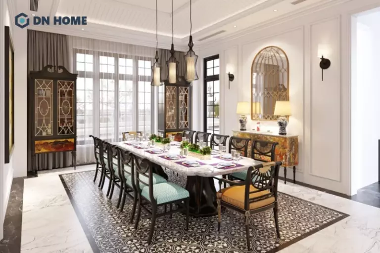 Phòng ăn Indochine càng thêm ấm cúng với chất liệu gỗ chủ đạo