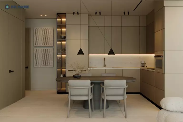 Phòng bếp chung cư được thiết kế theo phong cách tối giản, nhẹ nhàng