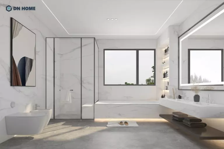 Ánh sáng tự nhiên là điểm nhấn trong phòng tắm biệt thự Minimalism