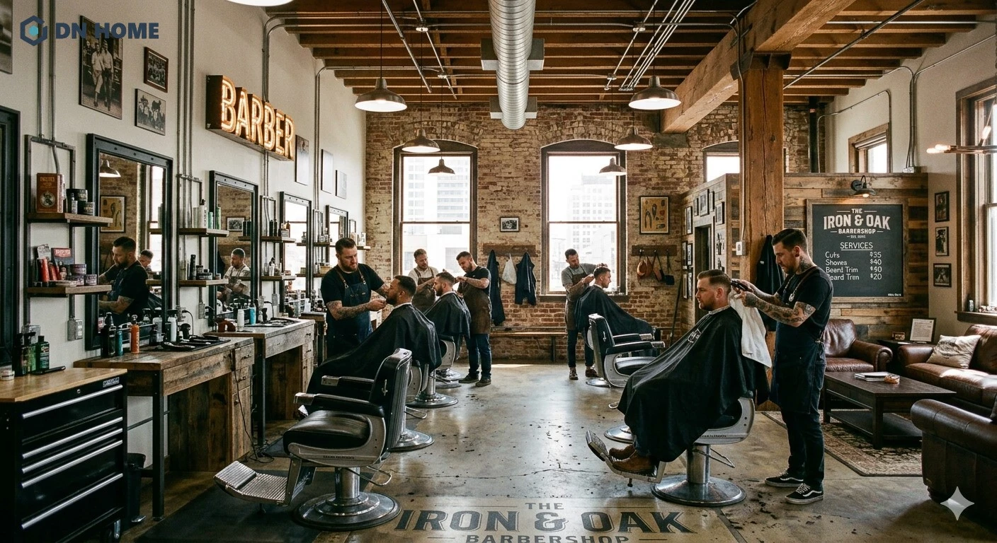Mẫu barber shop mang phong cách Industrial