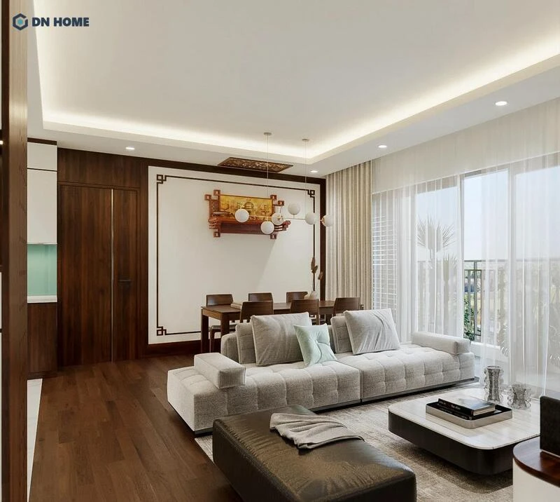 Phòng khách với bàn thờ được bố trí có thiết kế dạng treo