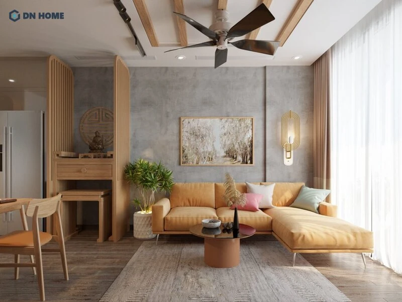 Phòng khách bố trí bàn thờ với các vách ngăn riêng tư