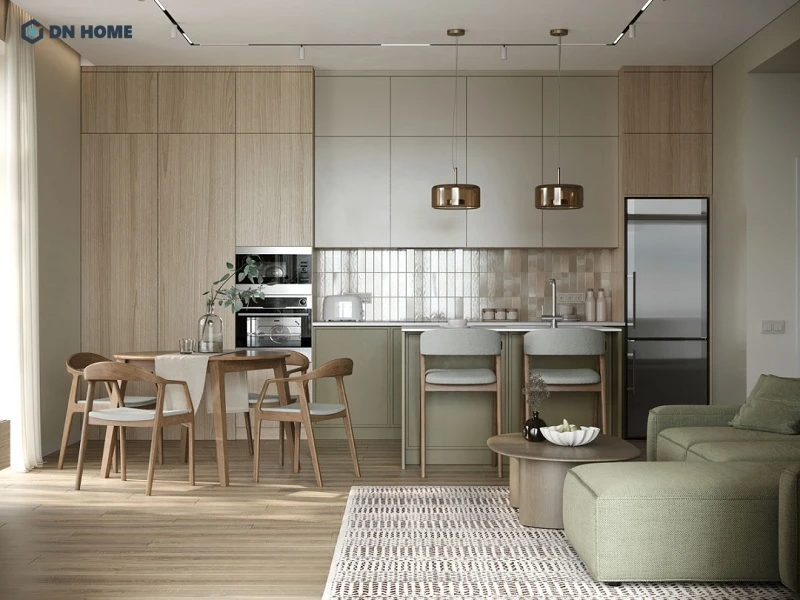 Thiết kế bếp chung cư liền mạch giúp cho không gian trở nên thoáng đãng, rộng rãi hơn