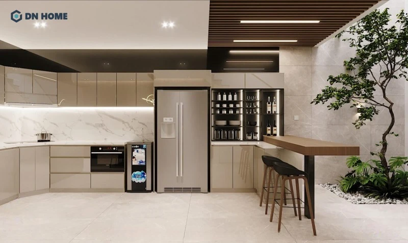 Thiết kế bếp chung cư có quầy bar sang trọng, hiện đại