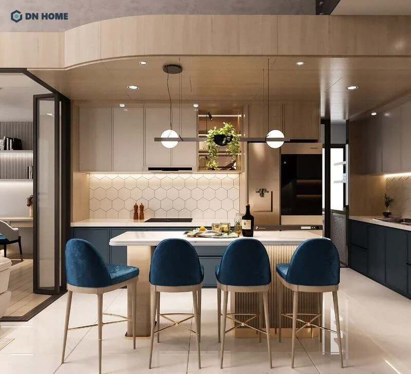 Tích hợp đảo bếp và bàn ăn là giải pháp hiệu quả giúp tận dụng tối đa diện tích trong căn hộ chung cư