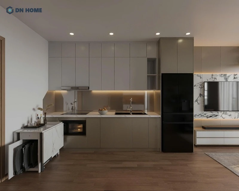 Thiết kế bếp chung cư chữ I cùng bàn ăn gấp gọn đa năng là giải pháp lý tưởng cho căn hộ có diện tích khiêm tốn