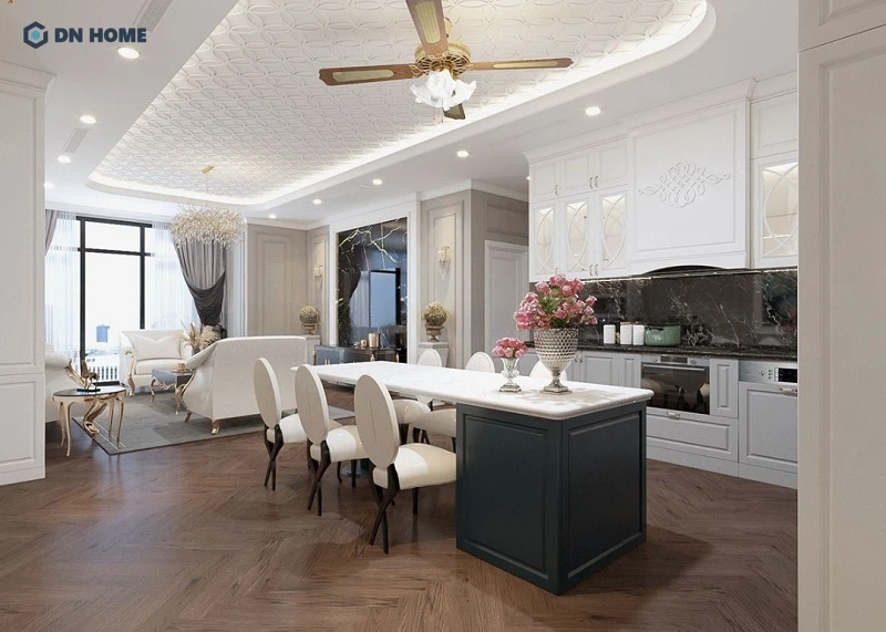 Thiết kế bếp không gian bếp mở đồng nhất về màu sắc và phong cách thiết kế với tổng thể