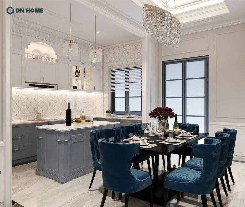 Mẫu bếp chung cư tân cổ điển thiết kế tinh tế, kết hợp hài hoà giữa màu sắc, vật liệu và các chi tiết trang trí