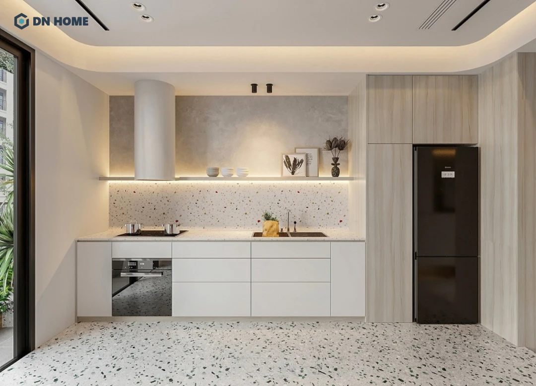 Kết hợp hài hoà giữa ánh sáng tự nhiên và nhân tạo giúp tăng thêm sự thoải mái hơn cho gia chủ trong quá trình nấu nướng