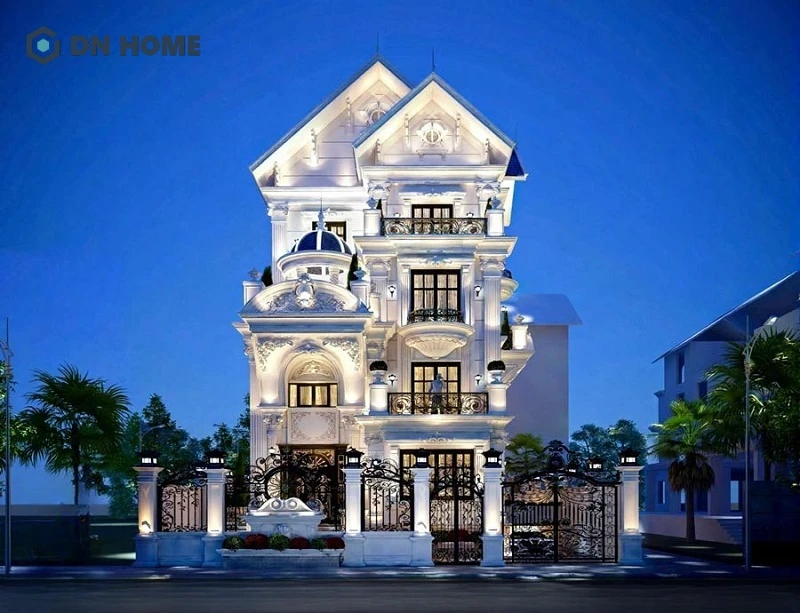 Không gian lung linh về đêm của biệt thự tân cổ điển 3 tầng mái Thái kiểu Pháp