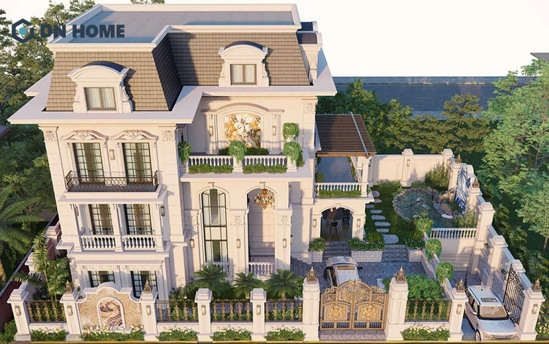 Dáng mái cao kết hợp với các đường cong cùng chi tiết trang trí tinh xảo tạo nên vẻ đẹp thanh lịch cho mặt tiền biệt thự tân cổ điển