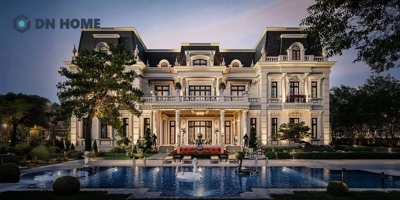 Biệt thự tân cổ điển sở hữu không gian mặt tiền thoáng rộng kết hợp với các chi tiết trang trí tạo nên sảnh tiếp đón khách lộng lẫy