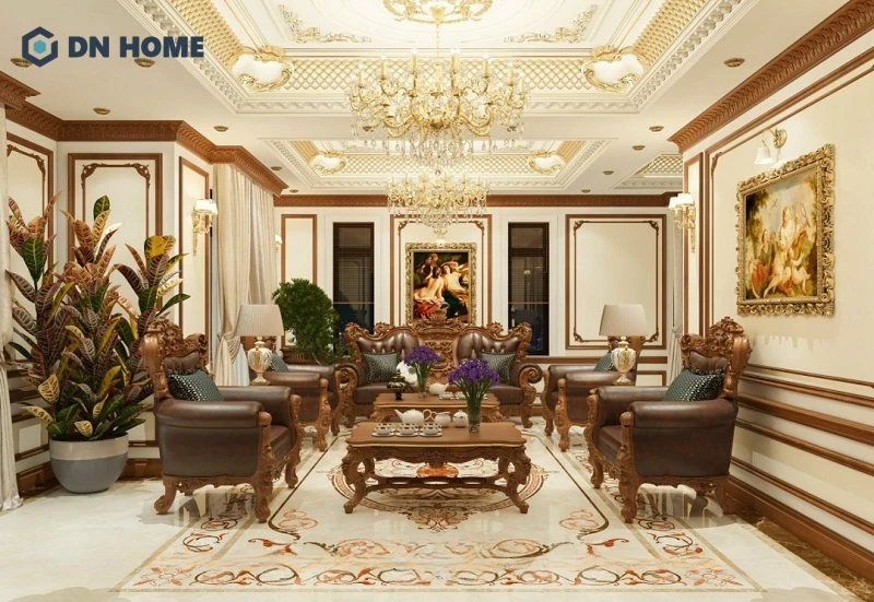 Thiết kế nội thất biệt thự cổ điển với không gian phòng khách đẹp mắt, làm nổi bật không gian với các vật liệu cao cấp