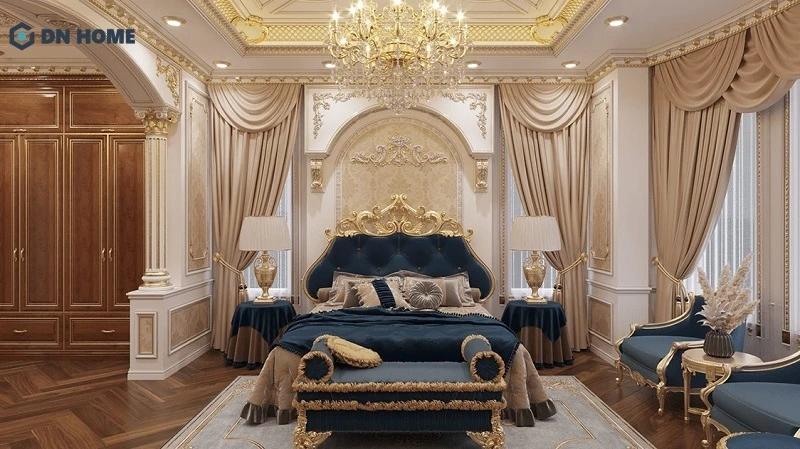Giường ngủ nằm ở trung tâm, hai tab được đặt đối xứng ở hai bên tạo nên sự hài hoà, đẹp mắt cho không gian nghỉ ngơi