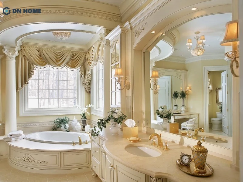 Thiết kế nội thất biệt thự cổ điển với không gian phòng tắm được bố trí đầy đủ các vật dụng cơ bản, đáp ứng tốt nhu cầu sinh hoạt