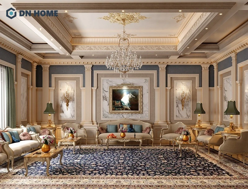 Thiết kế biệt thự cổ điển thường tạo điểm nhấn cho không gian bằng tranh treo tường, tượng trang trí, thảm hoa văn,...