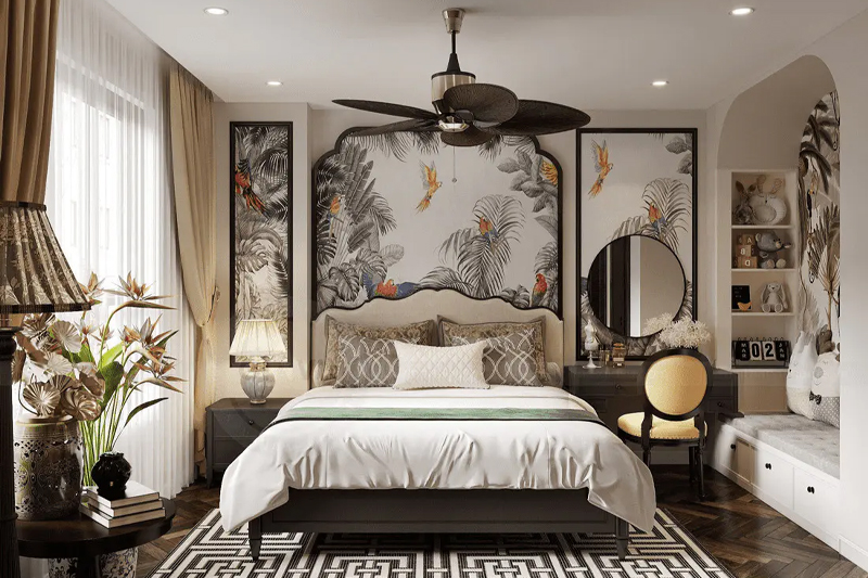Nội thất phòng ngủ biệt thự Indochine với họa tiết thiên nhiên đầu giường làm điểm nhấn