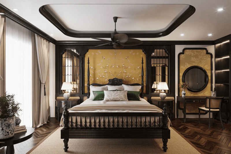 Chất liệu gỗ sơn mài đen tạo cảm giác ấm cúng, gần gũi cho phòng ngủ biệt thự Indochine