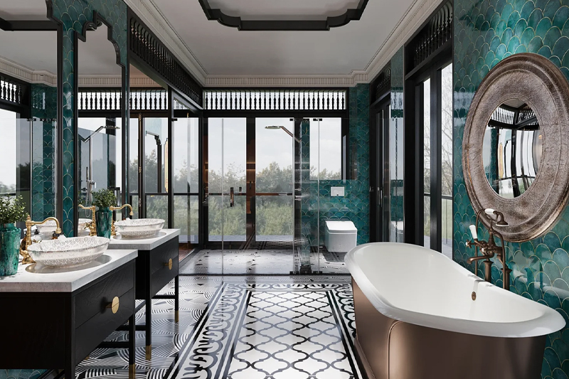 Phòng vệ sinh biệt thự Indochine được thiết kế ấn tượng với gam màu xanh ngọc