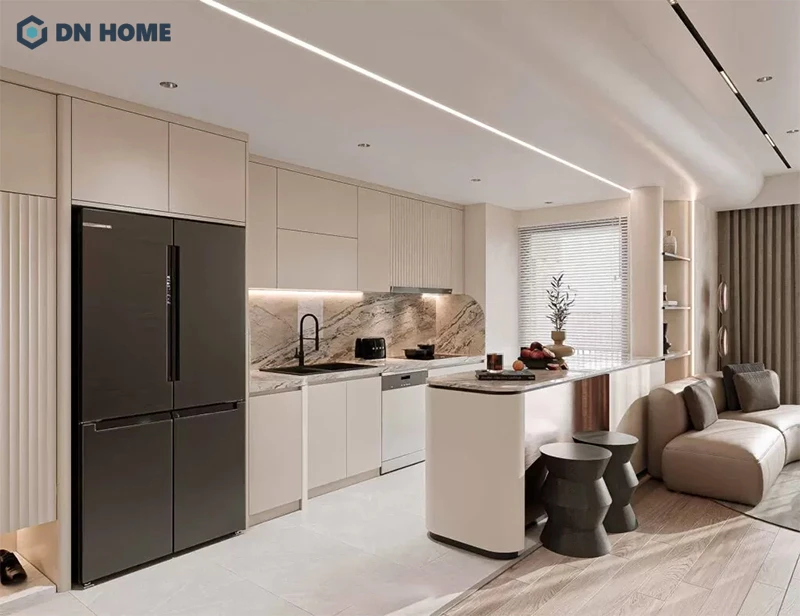 Bàn ăn trong căn hộ thông minh còn được sử dụng như quầy bả ngăn cách khu vực bếp - khách