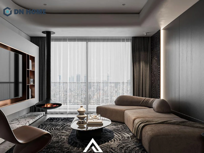 Mẫu thiết kế căn hộ 63m2 này lựa chọn tông màu trầm chủ đạo nhằm tạo nên vẻ đẹp hiện đại và đẳng cấp