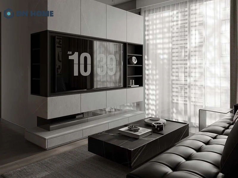 Sofa da cao cấp kết hợp bàn trà mặt đá giúp không gian phòng khách trở nên nổi bật và ấn tượng
