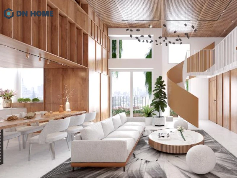 Không gian phòng khách được lựa chọn sofa cao cấp, mang đến tổng thể hài hòa và đẳng cấp